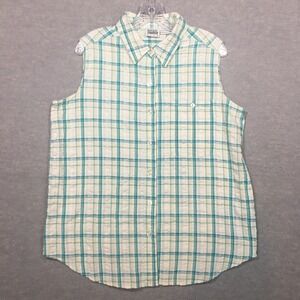 Basic Editions 18W Sleeveless Seersucker‎ Button-Up Shirt Teal Green White Plaid